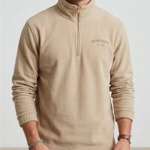 Vintage OP Ocean Pacific Men's Tan 1/4 Zip Fleece Sweater Pullover Size Large